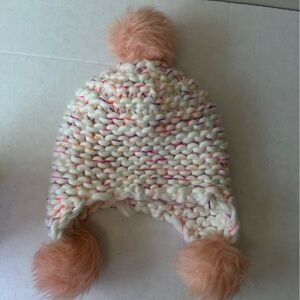 Target Confetti Knit Trapper Beanie Hat Peach Faux Fur Pom Poms Cream OSFM